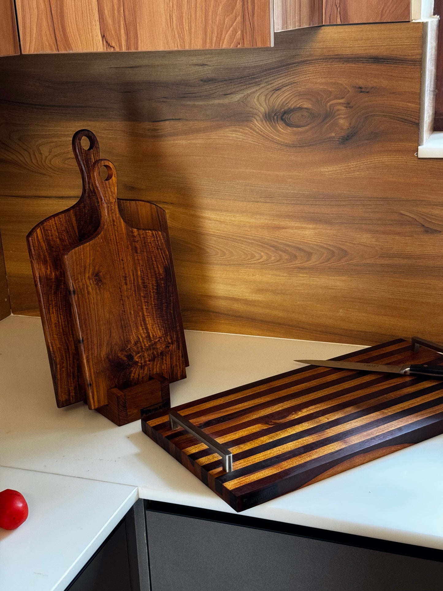 Rectangular Wood Serving Tray With Metal Handle For Chopping And Serving