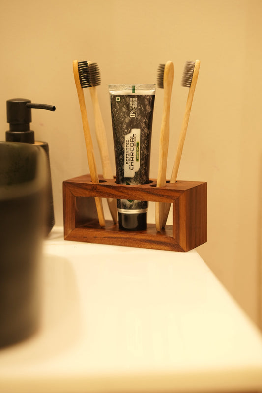 Wooden Toothbrush & Paste Holder – 4 Brush Slots