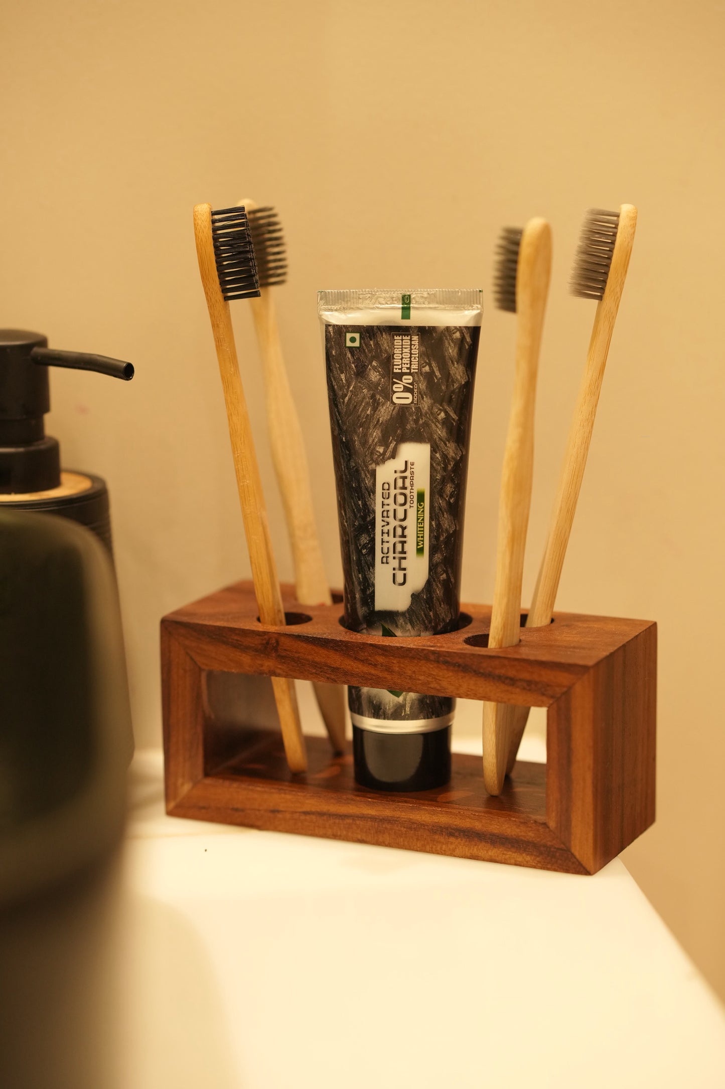Wooden Toothbrush & Paste Holder – 4 Brush Slots