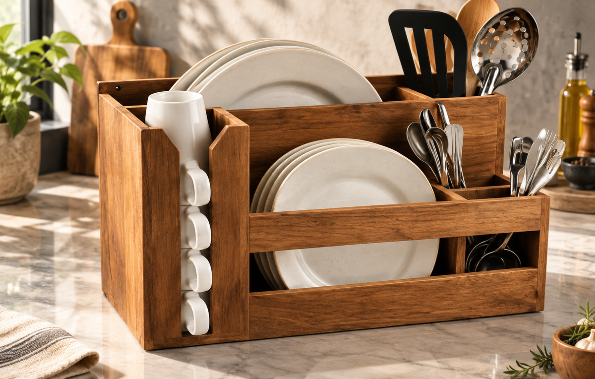 Wooden Plate, Mug & Spoon Stand