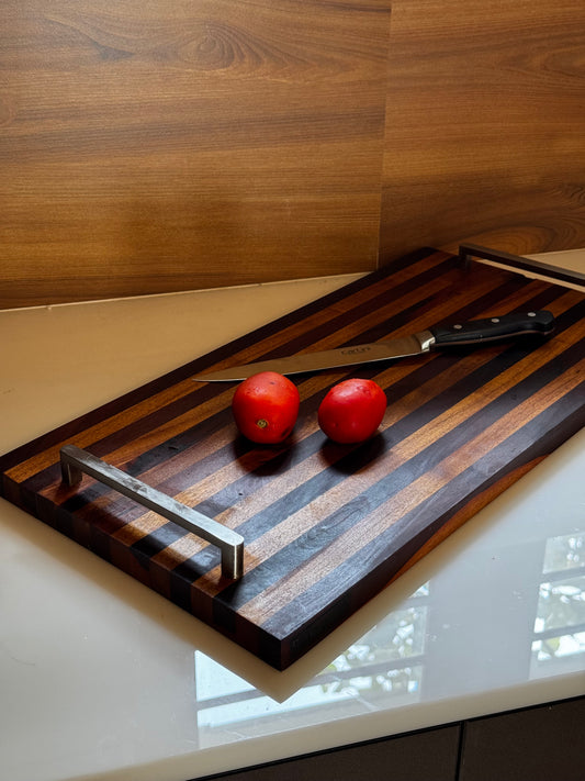 Rectangular Wood Serving Tray With Metal Handle For Chopping And Serving